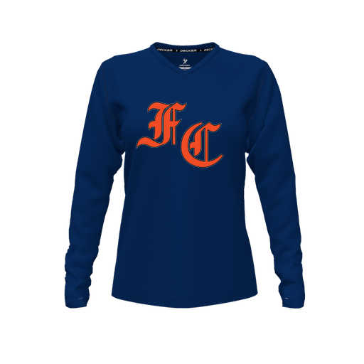 [FTLVCFNV-FYXS-LOGO1] Decker Comfort T-Shirt (Female Youth XS, Navy, V Neck, Logo 1, Long Sleeve)