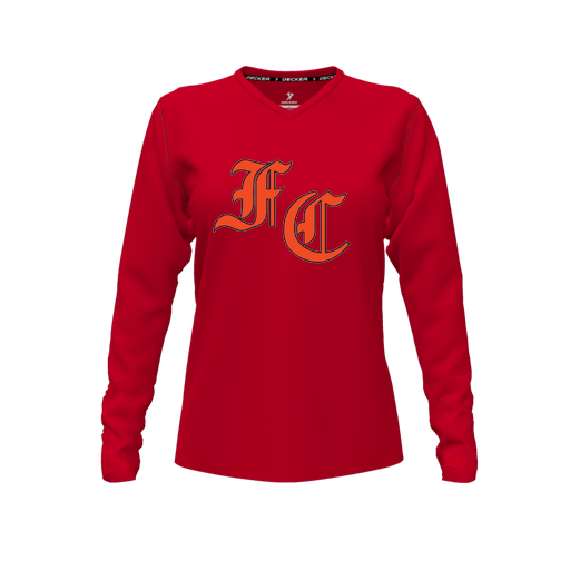 [FTLVCFRD-FYXS-LOGO1] Decker Comfort T-Shirt (Female Youth XS, Red, V Neck, Logo 1, Long Sleeve)