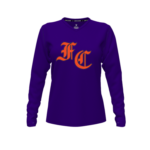 [CUS-DFW-TEES-CMF-VNK-LSL-PUR-FYXS-LOGO1] Decker Comfort T-Shirt (Female Youth XS, Purple, V Neck, Logo 1, Long Sleeve)